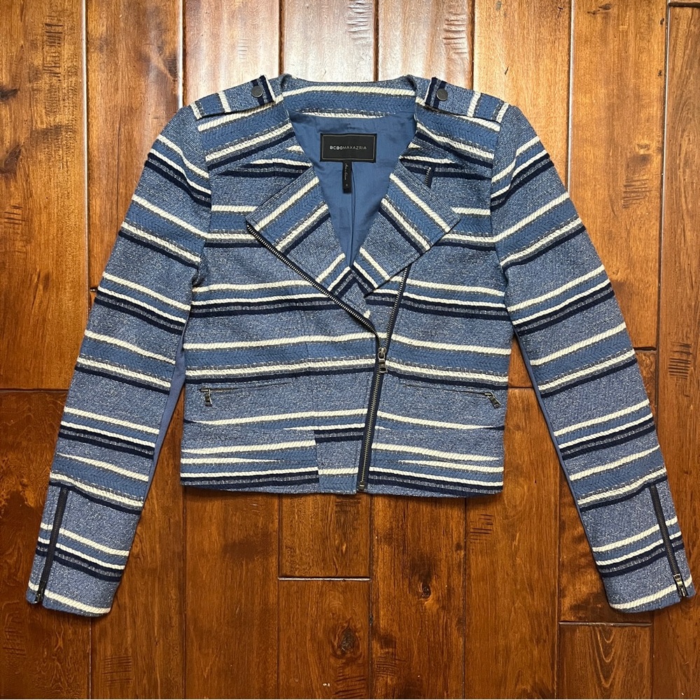 BCBG Max Azria Sz S Blue White Striped Tweed Motorcycle Moto Jacket